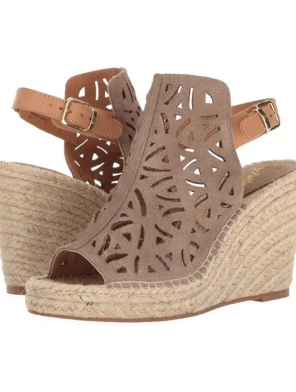 Seychelles Taupe Suede Laser-Cut Espadrille Wedges with Tan Strap Sz 10